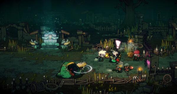 Lost Castle 2 screenshot: Cartoon heroes battle monsters in a dark, spooky castle courtyard with ruins and trees.