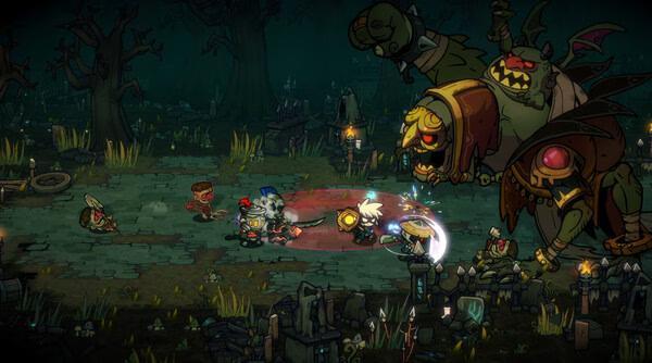 Lost Castle 2 screenshot: Players battle a giant armored monster in a dark, eerie forest filled with ruins and scattered enemies.