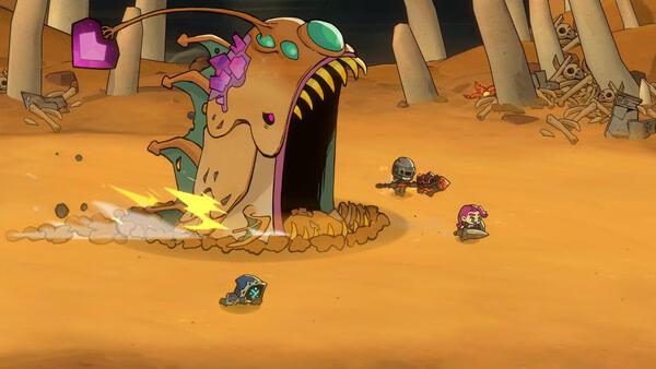 Screenshot from Lost Castle 2 showing players battling a giant, monstrous creature in a desert setting with scattered debris.