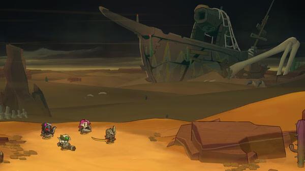 Lost Castle 2 screenshot: Four adventurers traverse a desert landscape with a large, abandoned shipwreck in the background.