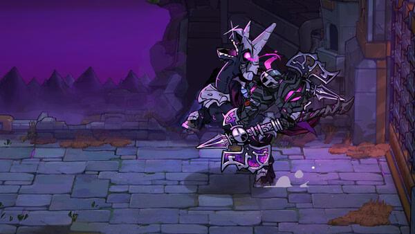 Lost Castle 2 screenshot: A heavily armored character wields a large weapon, standing on a stone pathway in a dark, mystical setting.