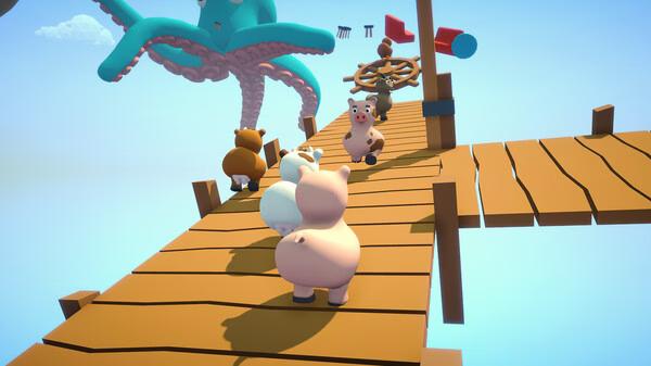 Screenshot from Climber Animals: Together featuring cartoon animals navigating a wooden bridge with an octopus in the background.