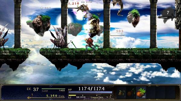 Astlibra Revision screenshot: A warrior battles giant insect-like creatures on floating platforms in a cloudy sky setting.