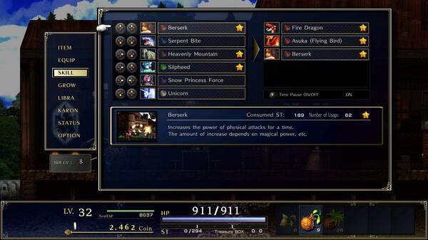Screenshot of Astlibra Revision showing the skill menu, with various abilities listed, including Berserk, and character stats displayed below.