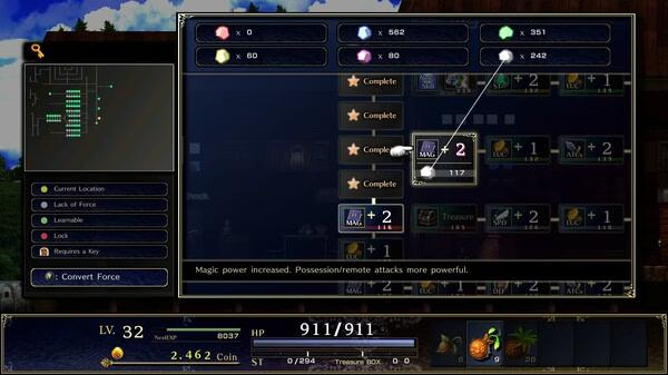 Astlibra Revision screenshot: A menu screen shows skill upgrades, magic power stats, and inventory on a dark fantasy-themed interface.