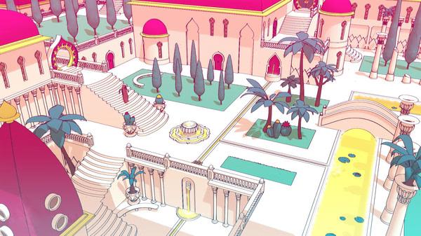 Screenshot from Chants of Sennaar showing a vibrant palace courtyard with domed roofs, palm trees, staircases, and colorful pathways.