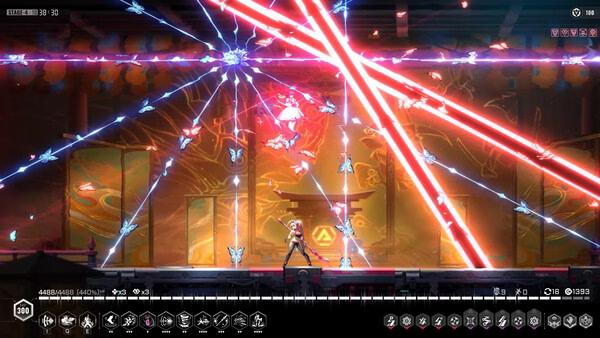 Screenshot from BlazBlue Entropy Effect showing a character battling with lasers and glowing butterflies in a vibrant arena.