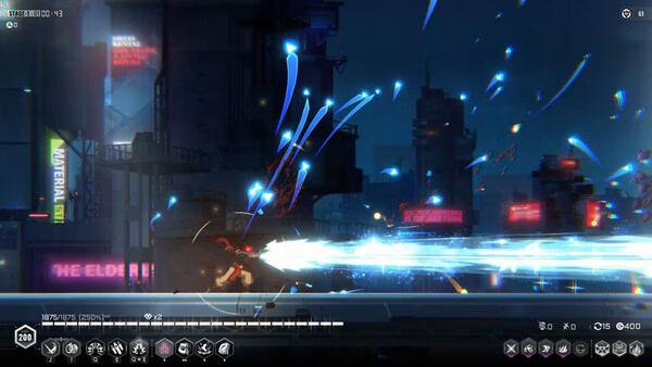 Screenshot from BlazBlue Entropy Effect showing a character unleashing a powerful energy blast in a futuristic cityscape.