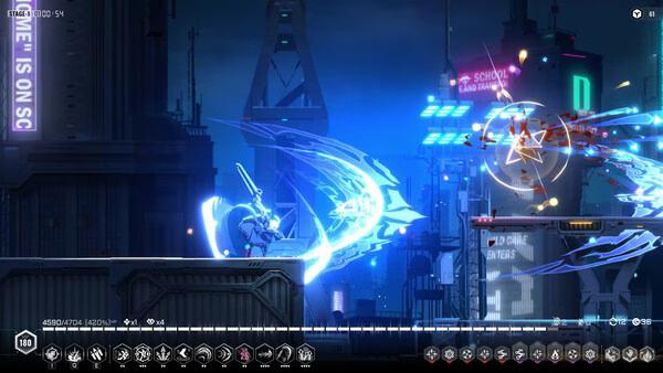 BlazBlue Entropy Effect screenshot: A character swings a glowing sword, attacking enemies in a futuristic cityscape with neon lights.