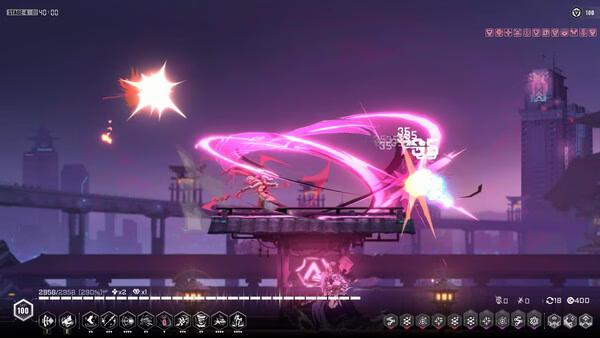 Screenshot from BlazBlue Entropy Effect showing a character in combat, wielding a glowing weapon in an urban landscape.