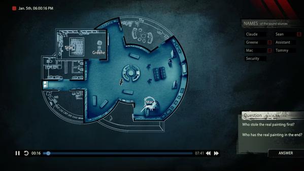 Screenshot of "Unheard - Voices of Crime" showing a circular floor plan map and dialogue choices about a stolen painting.