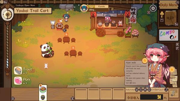 Screenshot of Touhou Mystia's Izakaya showing Mystia tending to her food cart, surrounded by customers and a panda.