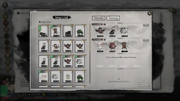Tale of Immortal screenshot: Imp List interface shows various imps with stats, team options, and management features.
