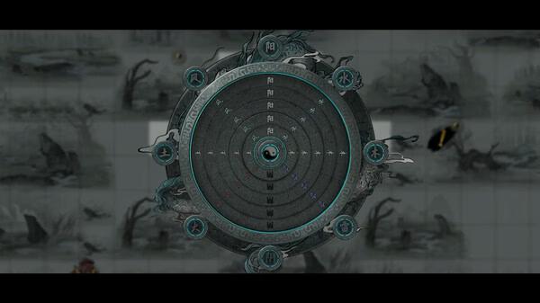 Screenshot from Tale of Immortal showing a circular skill wheel with various icons, surrounded by a mystical landscape.