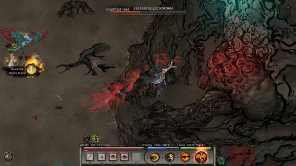 Screenshot from Tale of Immortal showing a player character battling the Blighted Tree amidst a mystical, forest-like setting.