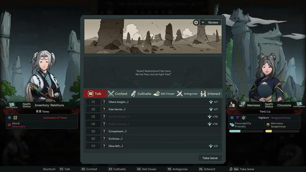Screenshot of The Scroll of Taiwu: Beyond the Dome showing two characters conversing with interaction options displayed.