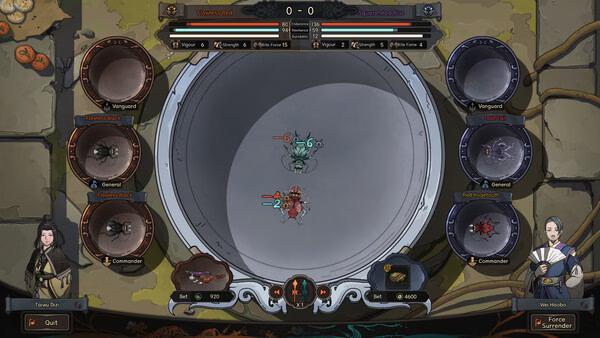 Screenshot from 'The Scroll of Taiwu: Beyond the Dome' showing a strategic battle setup with characters and stats.