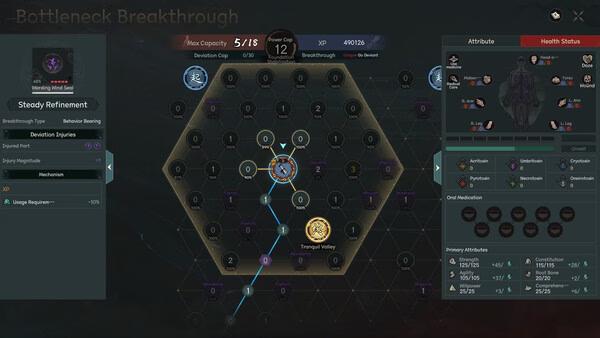 Screenshot of The Scroll of Taiwu: Beyond the Dome showing a skill tree and detailed character attributes on the right panel.