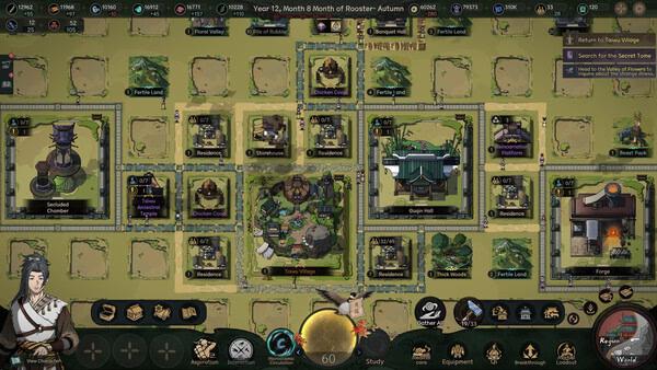 Screenshot of "The Scroll of Taiwu: Beyond the Dome" showing a village layout with various buildings and character icons.