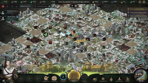 Screenshot from 'The Scroll of Taiwu: Beyond the Dome' showing a detailed map with characters and various icons.