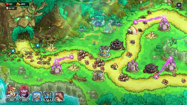 Screenshot from Kingdom Rush 5: Alliance TD showing a vibrant forest path with towers and warriors battling enemies.