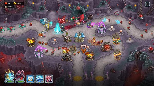 A screenshot from Kingdom Rush 5: Alliance TD showing a battle on a lava-filled map with heroes, dragons, and towers defending.