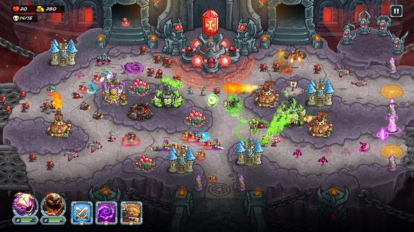 Screenshot from Kingdom Rush 5: Alliance TD showing a detailed battlefield with towers, enemies, and magical effects.