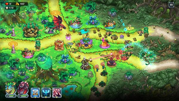Screenshot of Kingdom Rush 5: Alliance TD shows a vibrant forest battlefield with towers, a dragon, and various enemies.