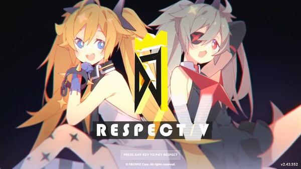 DJMAX Respect V screenshot featuring two animated characters with vibrant hairstyles against a dark background.