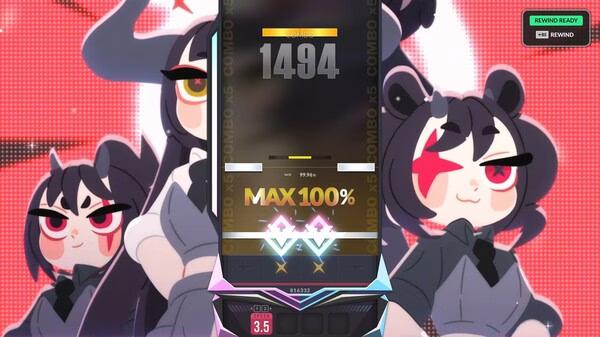 DJMAX Respect V screenshot: In-game interface shows a 100% max combo score of 1494 with animated characters in the background.