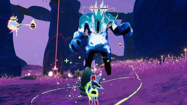 Risk of Rain 2 screenshot: A player battles a large icy boss surrounded by glowing effects in a vibrant, alien landscape.
