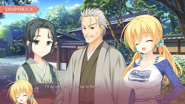 Screenshot from Senren*Banka showing four characters standing outdoors, with dialogue visible at the bottom of the screen.