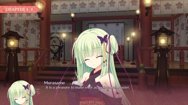 Screenshot from Senren*Banka showing Murasame, a green-haired character, smiling in a traditional Japanese-style setting.