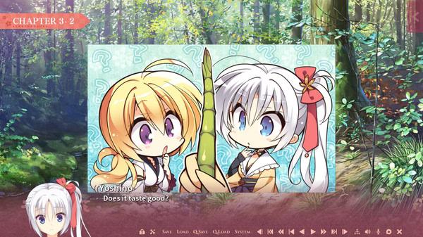 A screenshot from Senren*Banka shows Yoshino holding a vegetable, asking "Does it taste good?" in a forest setting.