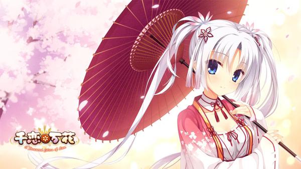 A screenshot from Senren*Banka showing a character holding a red parasol, surrounded by pink cherry blossoms in a serene setting.