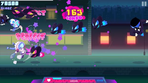 Muse Dash screenshot: Character dodges flying enemies with "Perfect" scores, achieving a 163 combo in a vibrant cityscape.