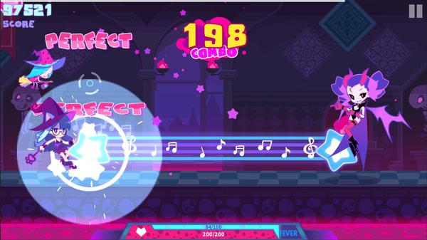 Muse Dash screenshot: Two characters in action, hitting musical notes. Combo count at 198, score 97521, with "Perfect" displayed.