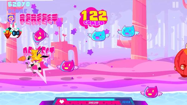 Muse Dash screenshot: A character attacks flying cat enemies in a colorful, pink-themed stage with a 122 combo displayed.