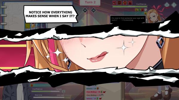 Screenshot from Love n Life: Happy Student game, showing a character's face and dialogue, "Notice how everything makes sense when I say it?"