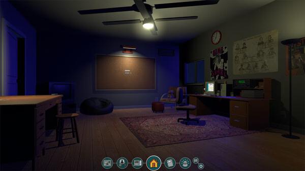 Screenshot from 'The Roottrees are Dead': A dimly lit room with a desk, computer, beanbag, and posters on the walls.