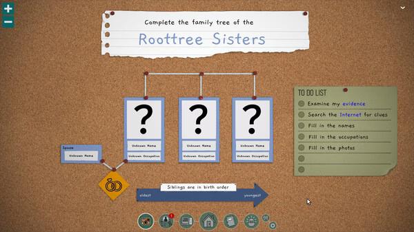 Screenshot of "The Roottrees are Dead" showing a family tree puzzle with three unknown names and a to-do list on a corkboard.