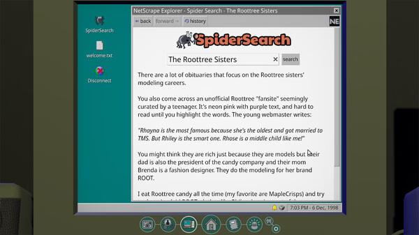 Screenshot from 'The Roottrees are Dead': A computer interface shows a SpiderSearch page about the Roottree Sisters modeling careers.