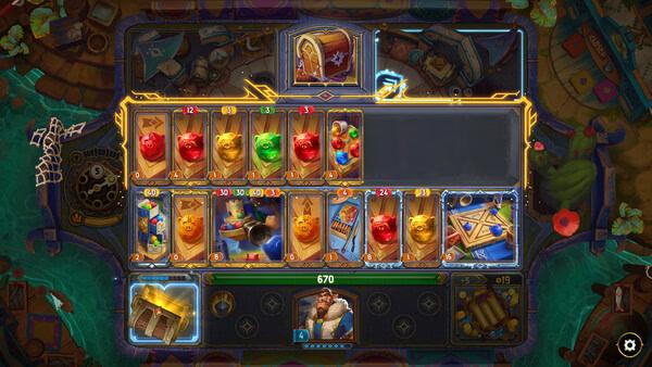 Screenshot from The Bazaar game showing a card selection interface with various colorful cards and a central chest.