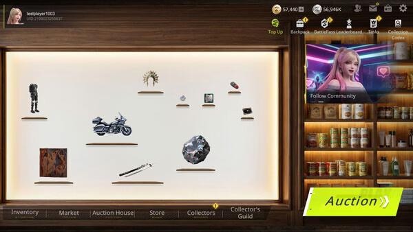 BidKing screenshot: A virtual auction house displays items like a motorcycle, artwork, and jewelry, with an auction button visible.