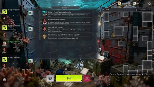 BidKing screenshot: Underwater-themed auction interface with players' bids, items, and total collection codes displayed.