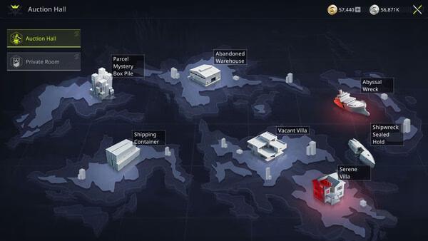 BidKing screenshot: Auction Hall map displaying locations like Abandoned Warehouse, Serene Villa, and Parcel Mystery Box Pie.
