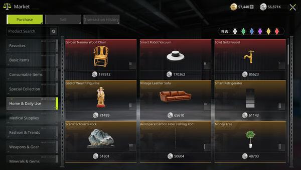 Screenshot from BidKing showing a marketplace with various items like furniture and decor, each with their price displayed.