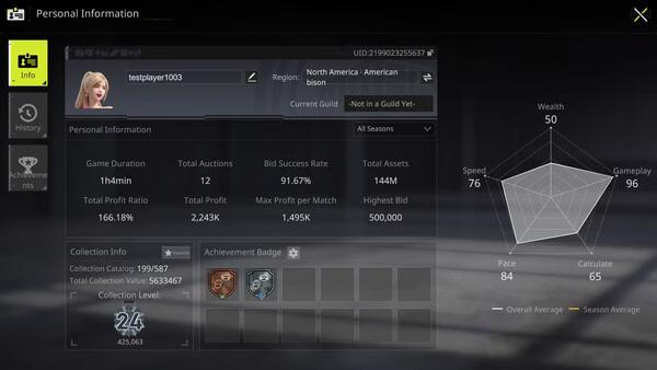 Screenshot of BidKing showing player's profile, including stats like profit ratio, wealth, and gameplay score.