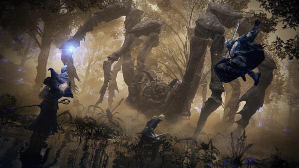 Elden Ring: NightReigns screenshot of three warriors battling a giant spider-like creature in a misty forest setting.