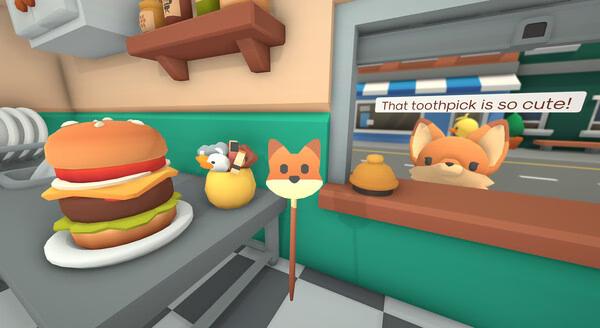 Screenshot of Burgie's Cozy Kitchen: A burger, bird, fox toothpick, and fox character at a counter with text saying, "That toothpick is so cute!"